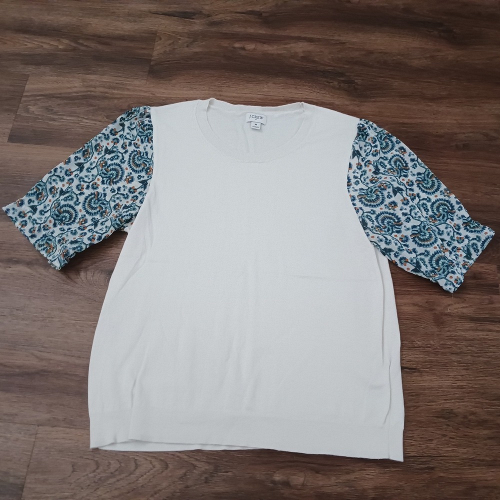 J.Crew Mixed Media Floral Puff Sleeve Sweater Ivory Cotton Knit Top BO388 M